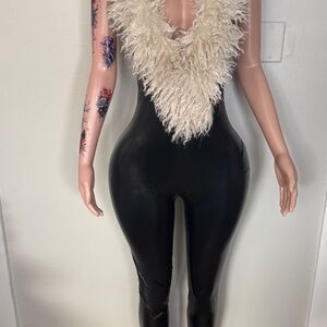 Black Jumpsuit with Cream Furry Collar